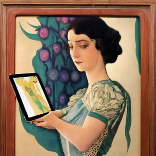 Prompt: a 2 1 st century jugendstil dress, woman with ipad