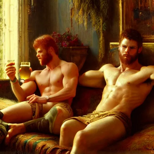 Image similar to attractive muscular mike with ginger hair with muscular attractive tyler with brunet hair, drinking their hearts out, in their noble mansion. very defined and highly detailed painting by gaston bussiere, craig mullins 8 k