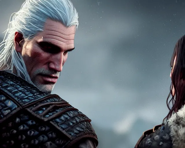 Image similar to 5 5 mm portrait photo of geralt cowering while being yelled at by yennefer of vengerberg. magical atmosphere. art by greg rutkowski. highly detailed 8 k. intricate. lifelike. soft light. nikon d 8 5 0.