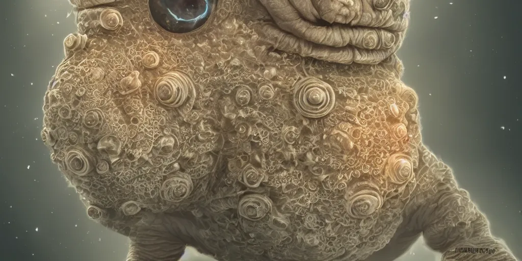 Prompt: Intricate detailed illustration, A tardigrade with the face of a human infant, cinematic lighting, by Philip Hood, wide angle, volumetric light scattering, 8k, artstation, concept art,