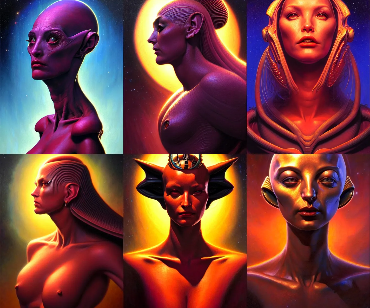 Prompt: cinematic bust portrait of beautiful female extraterrestial queen, head and chest only, exotic alien features, Tim Hildebrandt, Wayne Barlowe, Bruce Pennington, donato giancola, ralph horsley, oil on canvas, masterpiece, trending on artstation, featured on pixiv, cinematic composition, dramatic pose, beautiful lighting, sharp, details, hyper-detailed, HD, HDR, 4K, 8K