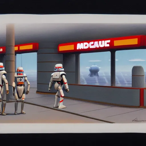 Image similar to ralph mcquarrie concept art of a futuristic mcdonalds. a space station is seen off in the distance with various droids and people walking in the foreground. a trooper is seen holding a brown mcdonalds bag.