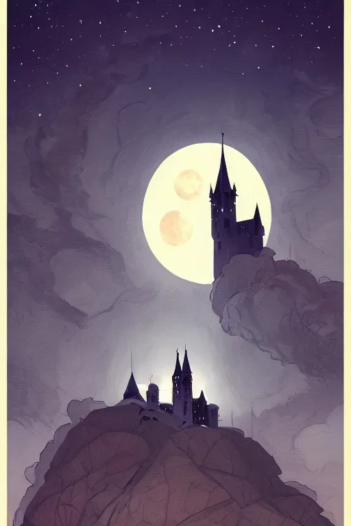 Image similar to a poster style painting of at night, a gothic castle on a cliff with a starry moon 🌙 in the background ， by abigail larson, 8 k, hd, artstation