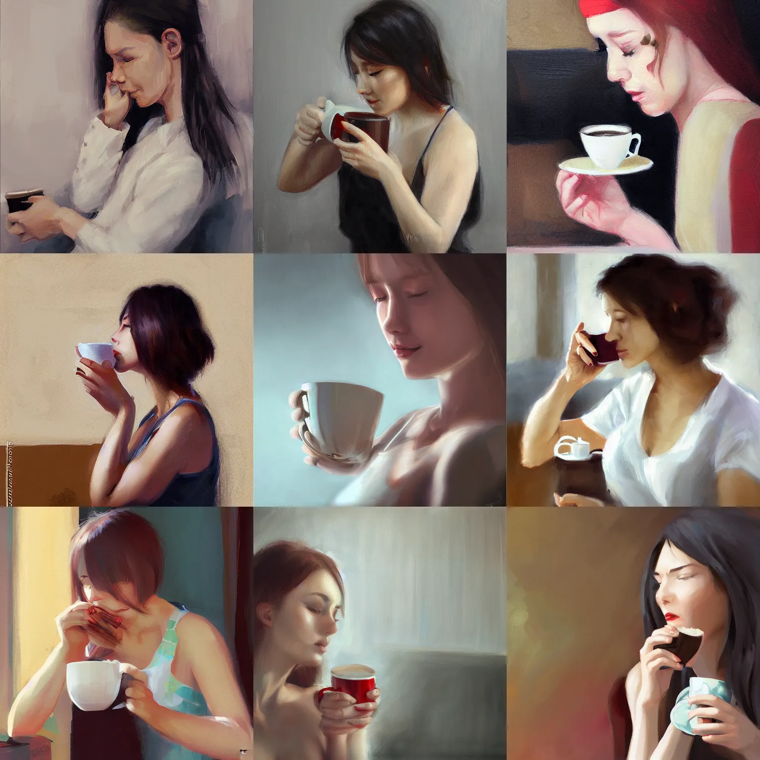 Prompt: Woman drinking coffee, by WLOP