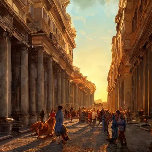 Image similar to an accurate depiction of the city of rome in its prime while people are walking around in the city, highly intricate detailed, light and shadow effects, intricate, highly detailed, digital painting, art station, concept art, smooth, sharp focus, illustration, advanced digital art, atmospheric lighting, detailed face, 8 k, hq