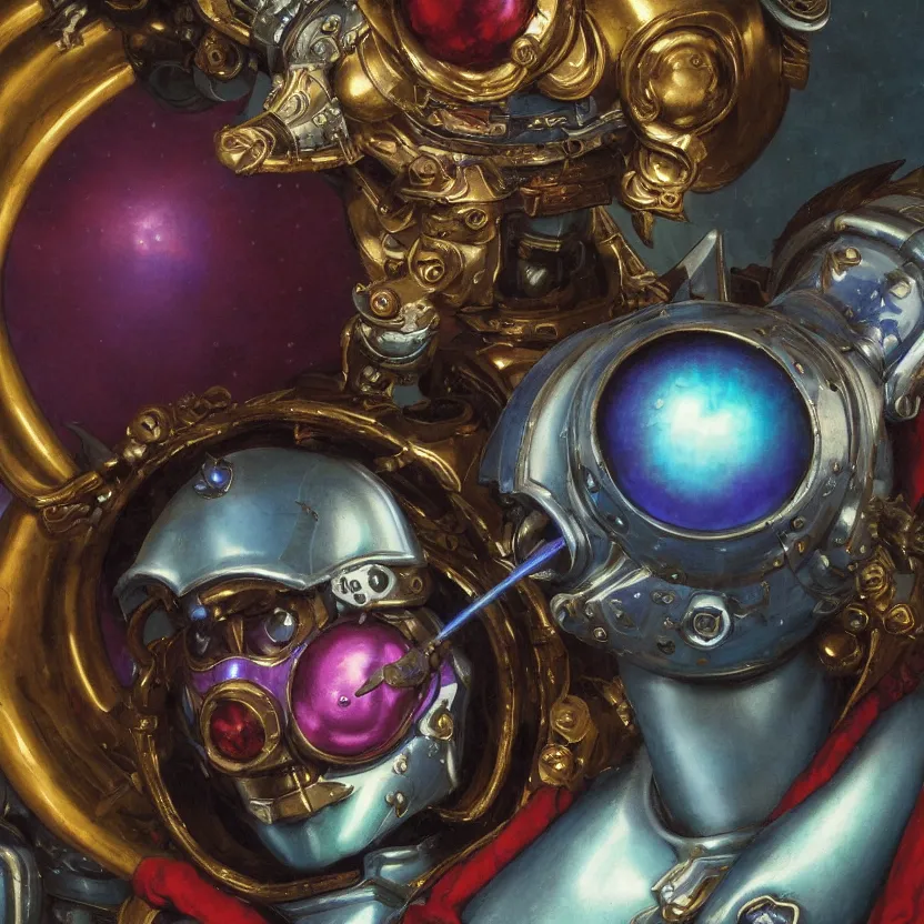 Prompt: a baroque neoclassicist close - up renaissance portrait of an iridescent whimsical 1 8 0 0 s gundam mecha jester, glowing eyes. reflective detailed textures. glowing colorful fog, dark background. highly detailed fantasy science fiction painting by moebius, norman rockwell, frank frazetta, and syd mead. rich colors, high contrast. artstation