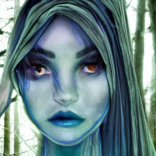 Prompt: cloaked maiden with blue eyes and a beautiful model face in a dark and creepy forest