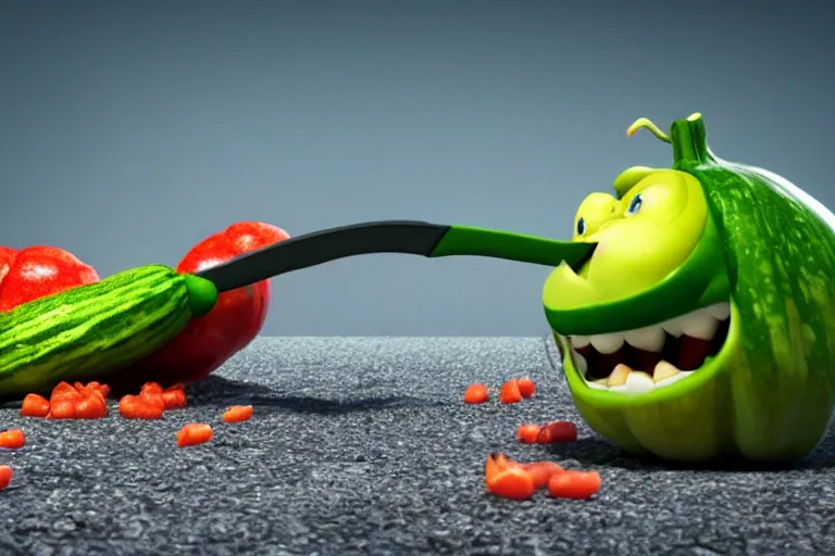 Prompt: detailed 3 d render of a mad zucchini with a bloody sword in his hand, running down a winded road chasing after a group of scared tomatoes, hyper realistic octane render, dramatic lighting, high speed chase, wide angle, nightmare, surrealism, pixar, disney, cartoon