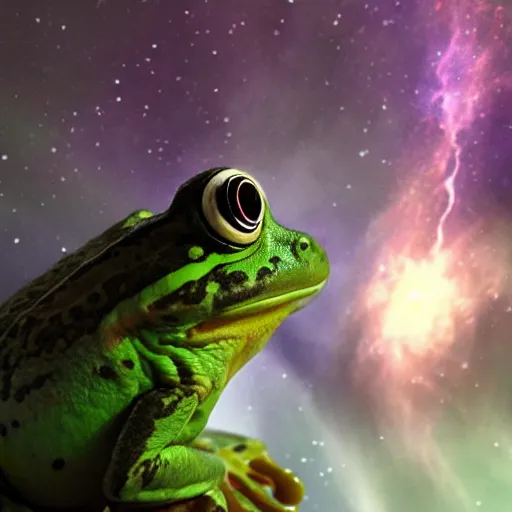 Image similar to frog time wizard, summons a glacial storm from his mouth, epic, cinematic, 8 k, fantasy, devastating, nebula