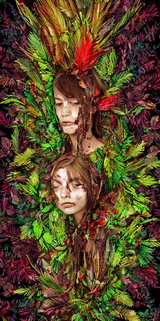 Prompt: portrait of a teenage zombie dissolving into foliage, botanicals, fruit and feathers, highly detailed, dynamic lighting, vivid colors, ambient glow, fantasy art, in the style of arimboldo, cartoonish, whimsical