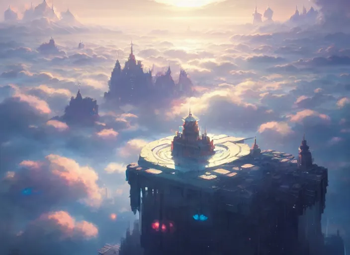 Prompt: floating city on clouds,, details, fantasy, epic, ancient city, landscape illustration concept art anime key visual trending pixiv fanbox by wlop and greg rutkowski and makoto shinkai and studio ghibli and kyoto animation symmetrical facial features