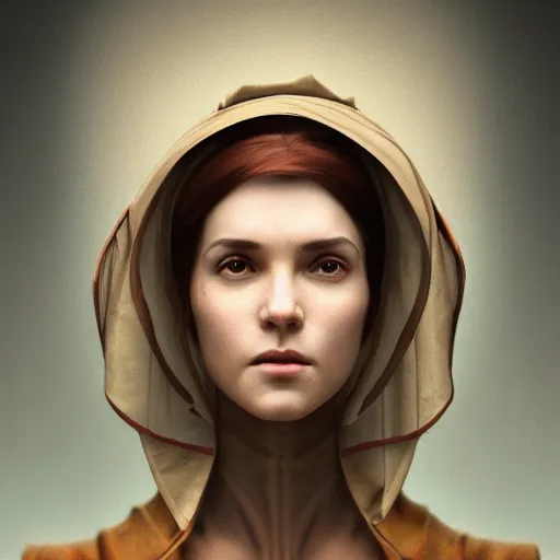 Image similar to portrait of a dystopian woman wearing an outfit inspired by the handmaid ’ s tale ( 2 0 1 7 ), intricate, headshot, highly detailed, digital painting, artstation, concept art, sharp focus, cinematic lighting, digital painting, art by artgerm and greg rutkowski, alphonse mucha, cgsociety