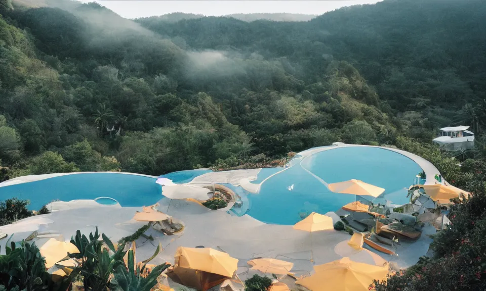 Image similar to 35mm film still, morning light over futuristic low-Fi villa in mountains high up, view over valley, fog in valley, the beach at a tropical island, vivid , color palette of gold, infinity pool in front of house