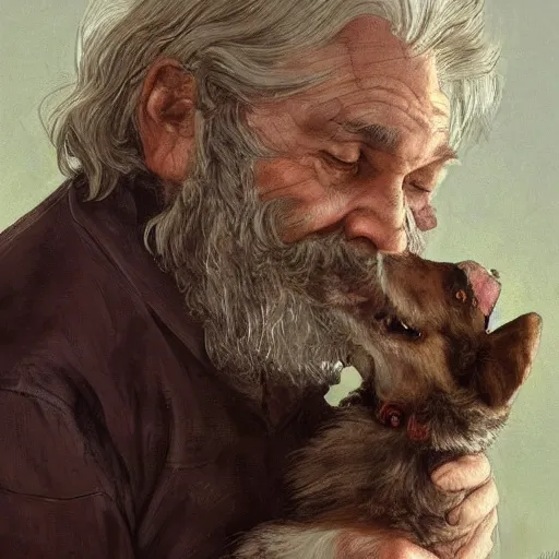 Image similar to medium close up portrait of a old, ruggedly handsome bearded man holding corgi dog, real hands, soft hair, muscular, half body, cloth, d & d, fantasy, intricate, elegant, highly detailed, digital painting, artstation, concept art, smooth, sharp focus, illustration, art by artgerm and greg rutkowski and alphonse mucha