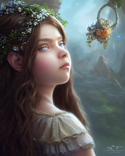 Prompt: highly detailed vfx portrait of a flower girl, wonderful eyes, long hair, deep focus, d & d, fantasy, refined, elegant, high detail, digital painting, artstation, concept art, matte, clear focus, illustration, hearthstone, art by artgerm and greg rutkowski, fuji choco, victoria line gavrilenko and hoang power lines