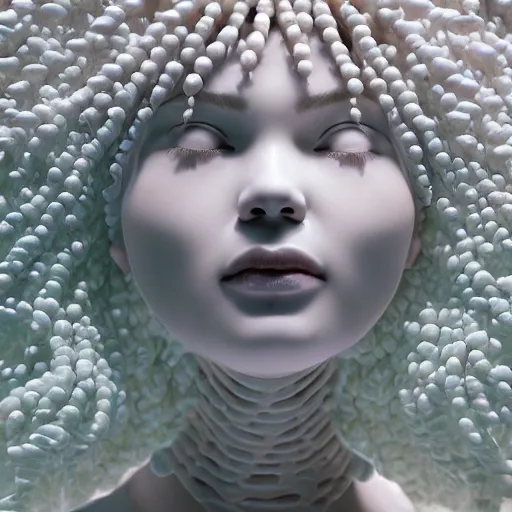 Prompt: vaporwave, full head and shoulders, bjork porcelain sculpture, smooth, delicate facial features, white eyes, white lashes, detailed white, lots of white coral sea elements, fish, sea anemones, all white features on a white background, by daniel arsham and james jean