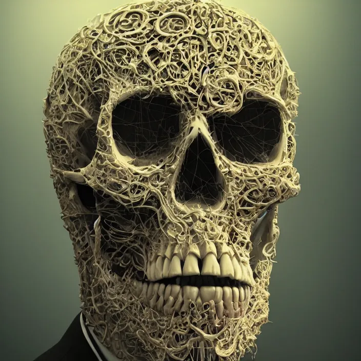 Image similar to portrait of a skull in a suit. intricate abstract. intricate artwork. nightmare fuel. by Tooth Wu, wlop, beeple, dan mumford. octane render, trending on artstation, greg rutkowski very coherent symmetrical artwork. cinematic, hyper realism, high detail, octane render, 8k, iridescent accents