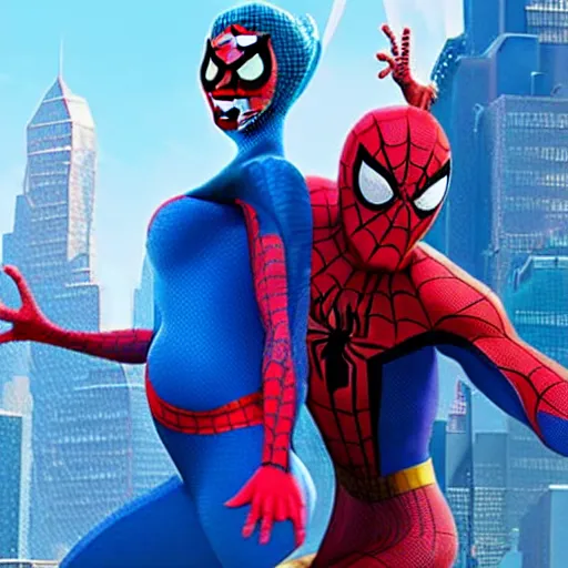 Image similar to spiderman and pregnant princess elsa go on an adventure, cinematic render, into the spiderverse 2 0 1 8, sony animation official media