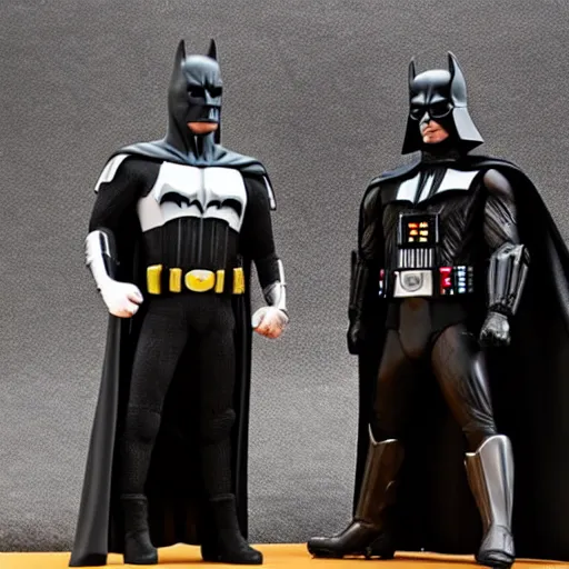 Prompt: batman and darth vader stand side by side, highly detailed, film gran