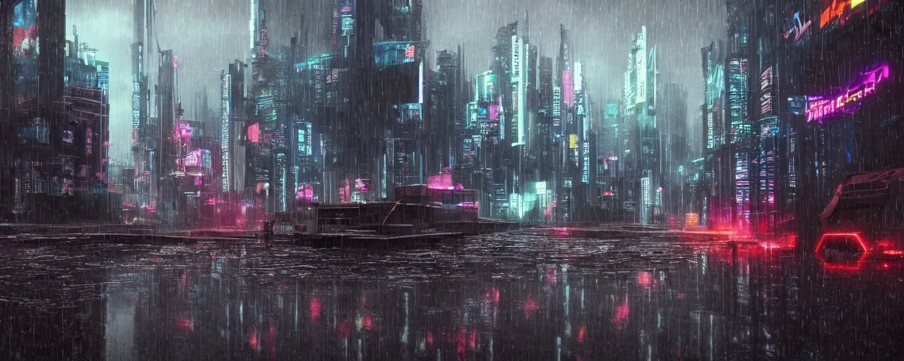 Prompt: cyberpunk landscape, synth, rainy, overcast, puddles