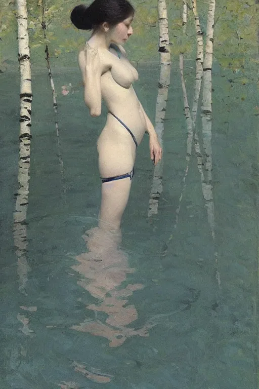 Image similar to “ woman in kimono, posing underwater before birch trees, jeremy lipking, joseph todorovitch ”