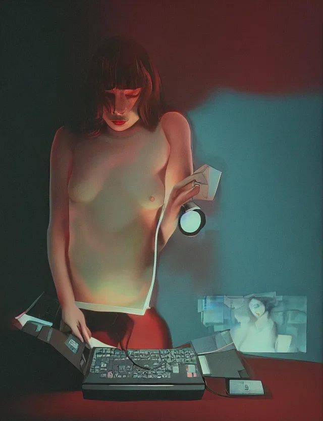 Image similar to woman playing computer games n dark room, blue rays from monitor, redshift, wide shot, coloured polaroid photograph, pastel, kodak film, hyper real, stunning moody cinematography, by maripol, fallen angels by wong kar - wai, style of suspiria and neon demon, david hockney, detailed, oil on canvas
