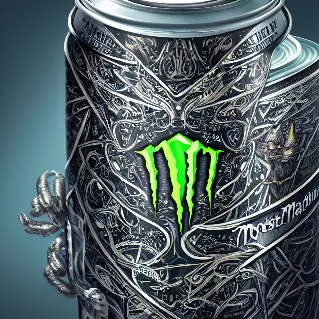 Image similar to aluminian can of monster energy drink, intricate and very very beautiful and elegant, highly detailed, digital painting, artstation, concept art, smooth and sharp focus, illustration