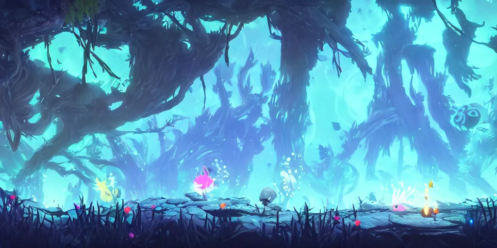 Image similar to metroidvania, Ori and the blind forest, SOTN, wonder boy, dead cells, hollow knight Portrait of a trees side scrolling, Very Cloudy Sky, Sun, Neon Lights, Subject in Middle, Rule of Thirds, 4K, Retrofuturism, Studio Ghibli, Simon Stålenhag