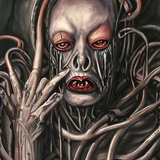 Image similar to painting of Tim Curry in the style of giger, 8k high definition high quality