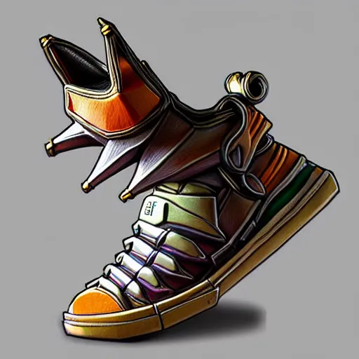 Image similar to realistic scultpure of sneaker! design, sneaker design overwatch fantasy style mixed with aztec mayan native street fashion, focus on sneakers only, shoes designed by akira toriyama and studio ghibli