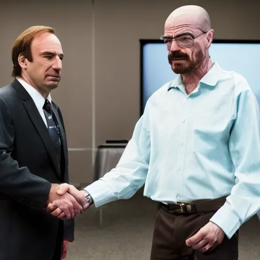 Image similar to Saul goodman and walter white shaking hands at a WHO conference , perfect faces , 8k UHD , Medium shot , award winning