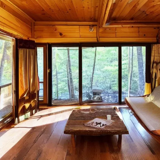 Image similar to photo of the interior of a cozy cabin with french and english and japanese influence and forest theme