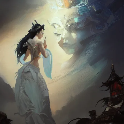 Image similar to goddess emperess mulan in the style of craig mullins, greg rutkowski, peter mohrbacher, and drew struzan. epic, majestic, awe inspiring, god rays, fissures, divine, church painting, intricate armor, extreme detail, high octane, cartoonish