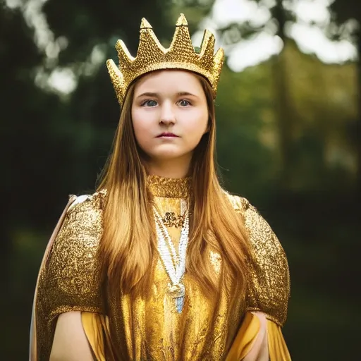 Image similar to a 1 5 years old girl wearing regal clothes and a golden crown