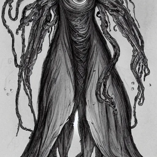 Prompt: concept designs for an ethereal wraith like figure with a squid like parasite latched onto its head and long tentacle arms that flow lazily but gracefully at its sides like a cloak while it floats around a forgotten kingdom in the snow searching for lost souls and that hides amongst the shadows in the trees, this character has hydrokinesis and electrokinesis for the resident evil game franchise with inspiration from the franchise Bloodborne and the mind flayer from stranger things on netflix