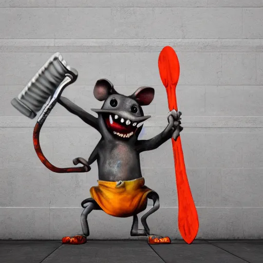 Image similar to graffiti art of a rat showing his teeth and holding a hammer in one hand and a sickle in the other hand. Highly detailed, octane Render, 4K