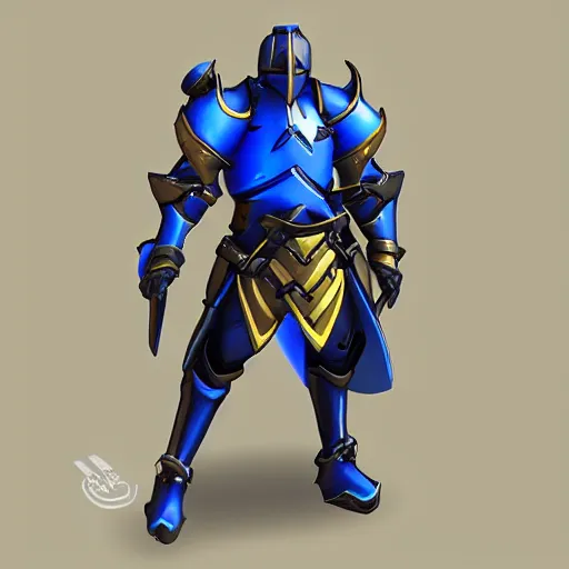 Prompt: overwatch character, medieval knight in blue gold armor