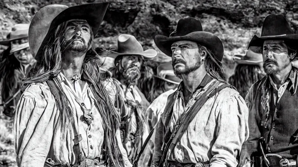 Prompt: a film still from a western movie in mexico, black and white, wide lens,
