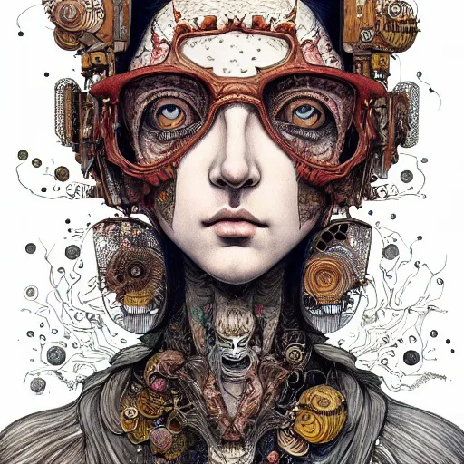 Image similar to beautiful portrait painted in jacek yerka and aykut aydogdu style drawn by vania zouravliov and takato yamamoto, inspired by cyberpunk, intricate acrylic gouache painting, high detail, sharp high detail, artstation, manga and anime