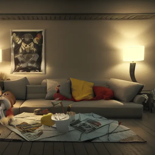 Image similar to Pikachu taking a bong rip on the couch, unreal engine 5, octane render, cgsociety, living room interior, soft lighting, ray tracing,