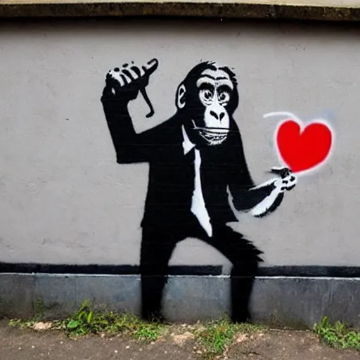 Image similar to Graffiti by Banksy of an ape in a suit drinking champagne