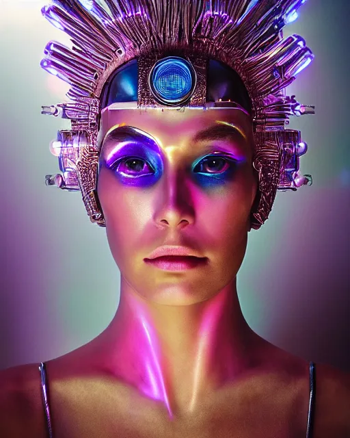 Prompt: natural light, soft focus portrait of a cyberpunk anthropomorphic female robot with soft synthetic pink skin, blue bioluminescent plastics, smooth shiny metal, elaborate ornate head piece, skin textures, by annie leibovitz, paul lehr