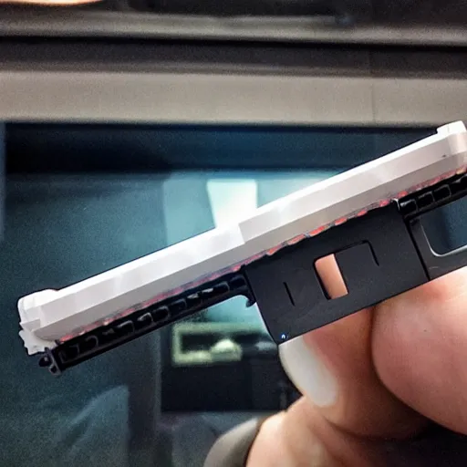 Image similar to a photo of a futuristic, 3 d printed rail gun, shot on the camera of an iphone 1 2.