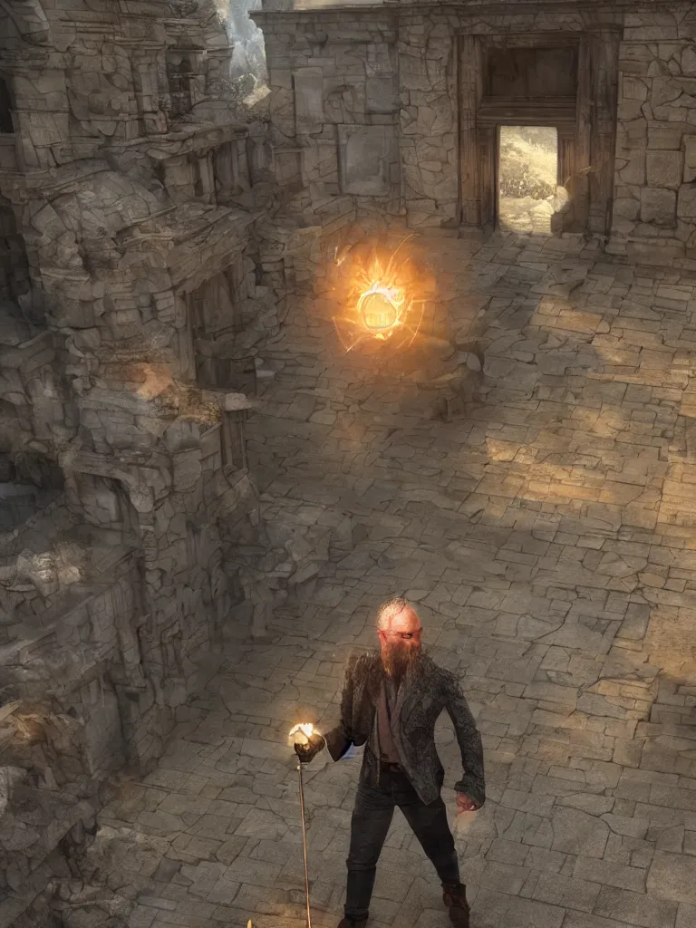 Prompt: a realistic detailed photo of karl havoc in a stone courtyard, character concept, cinematic lighting, global illumination radiating a glowing aura, i think you should leave