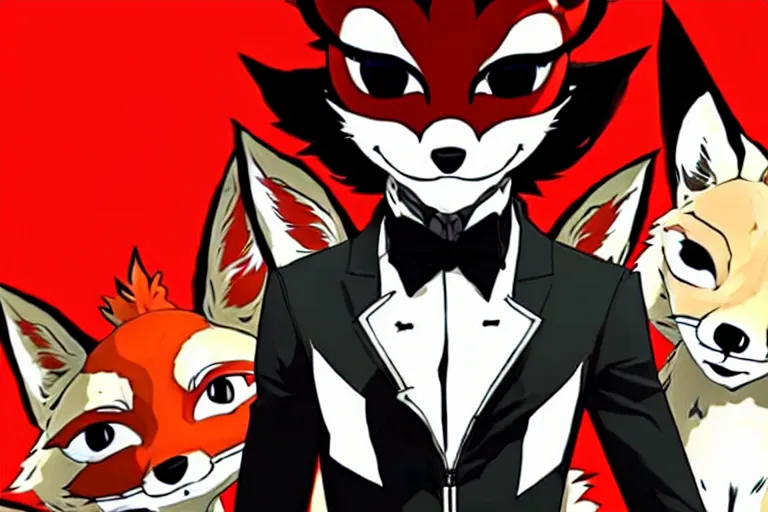 Image similar to a furry tan male fox on a persona 5 : royal ( by atlus ) video game splash screen, a furry male sandcolored tan fox fursona ( has hair ), persona 5 phantom thief style