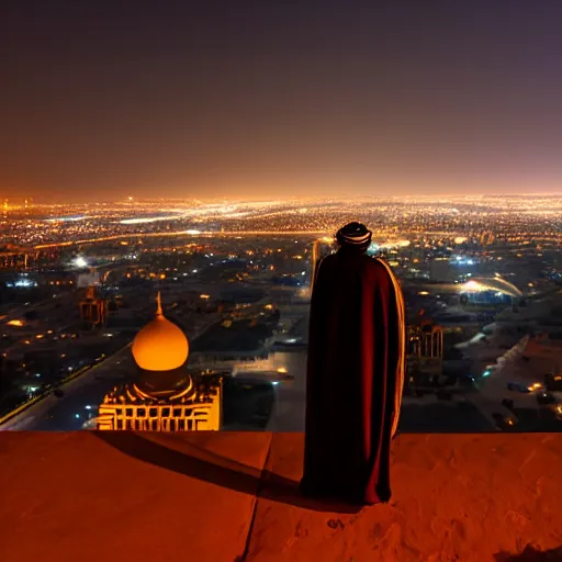 Prompt: arab man overlooking Riyadh city at night silhouette dramatic, dark, superhero