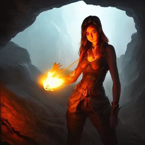 Image similar to a epic hero adventurer holding a torch in a dark cave, artgerm, realistic, cryengine, symmetric