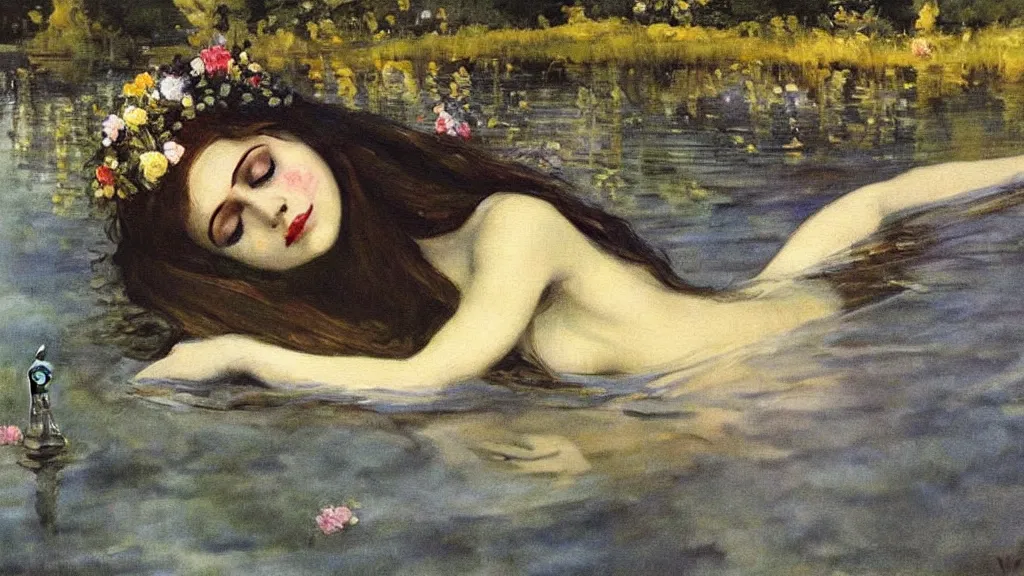 Image similar to prompt: one beautiful girl sleeping in the lake with shining face painted by Valentin Serov, detailed realistic face, Ophelia painting inspired, intricate detailed oil painting, alchemical artifacts and hieroglyphs, magical items, gnarly paint marks