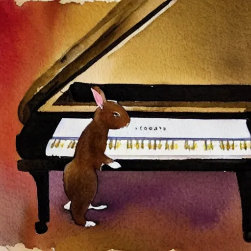 Image similar to a rabbit playing on a white grand piano inside a concert hall, realistic watercolour