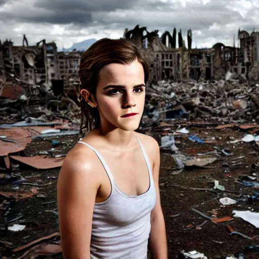 Image similar to concerned and tired emma watson in shredded dirty clothes rags, in the ruins of civilization after the apocalypse, looming city ruins backdrop, hd photo, high detail